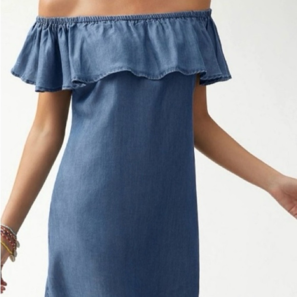 Laju M Chambray Dress Off The Shoulder 100% Tencel Blue